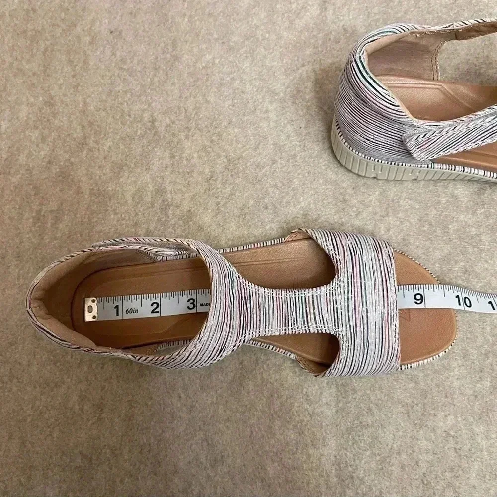 Nurture Multicolor Striped Leather Low Wedge Hook and Loop Sandals Womens size 8